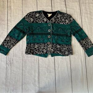Vintage Lady Carol of NY Floral Boho Cardigan Sweater Blazer Womens Teal